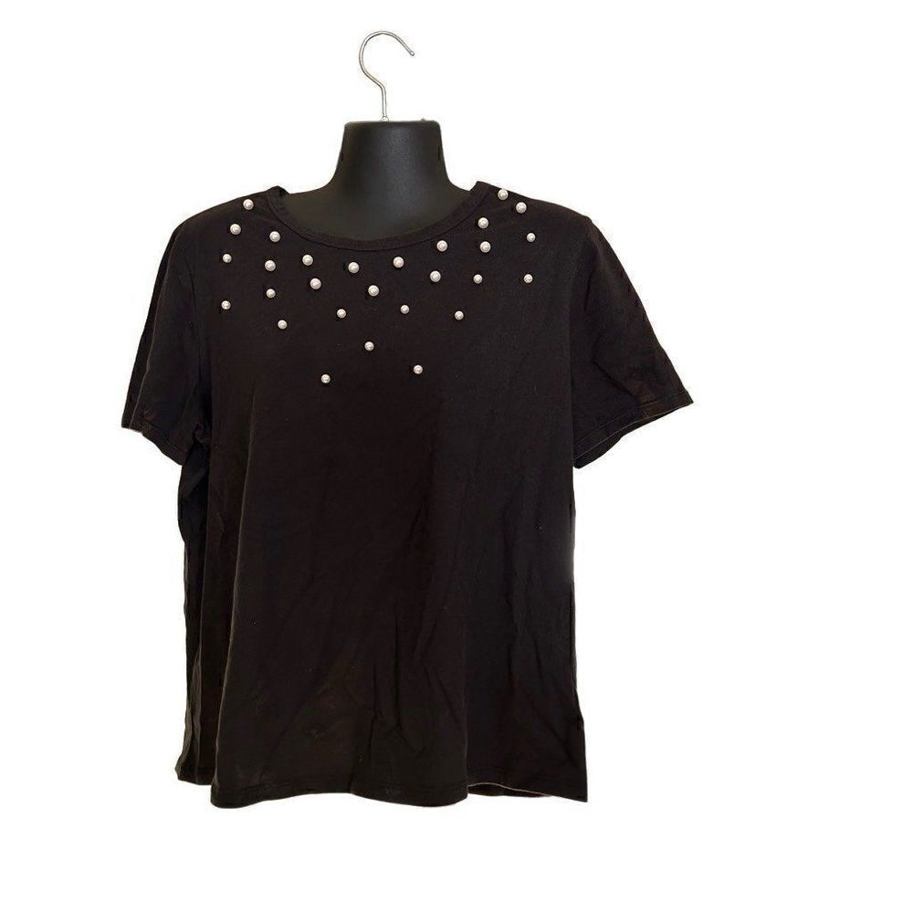 Zara black cotton pearls top tee shirt women’s large - Picture 2 of 5